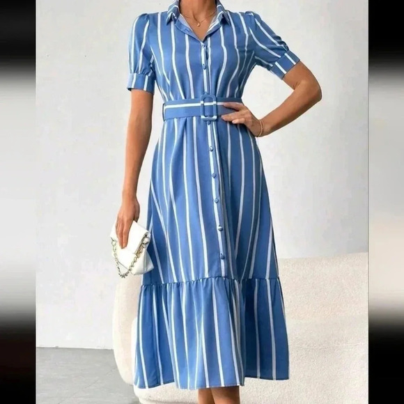 Striped Print Ruffle Hem Belted Shirt Dress - Picture 1 of 4